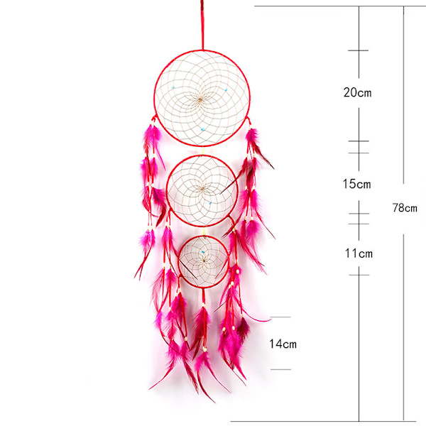 Drömfångare Fjäderprydnad Handgjord 3-ring Hängande Väggkonst Stor Väggdekor För Hemdörr Hotell 78cm Lång Totalt Rose Red