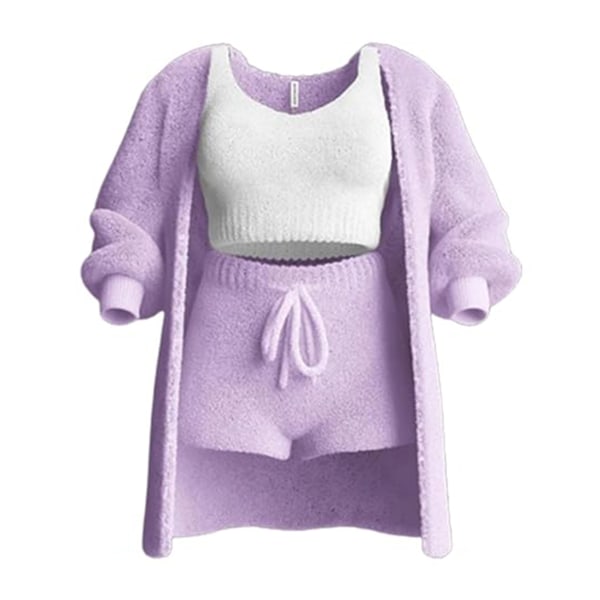 Mysig plyschpyjamas för kvinnor 3-delad set Snygga mjuka lösa sovkläder för sovrum inomhus Purple XXL