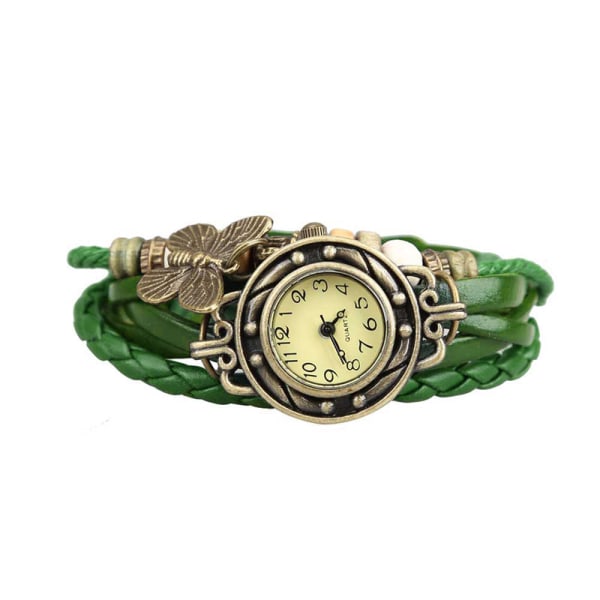 Kvinnor Retro Armband Watch Weave Wrap Faux Leather Butterfly Beads Pendel Chain Green