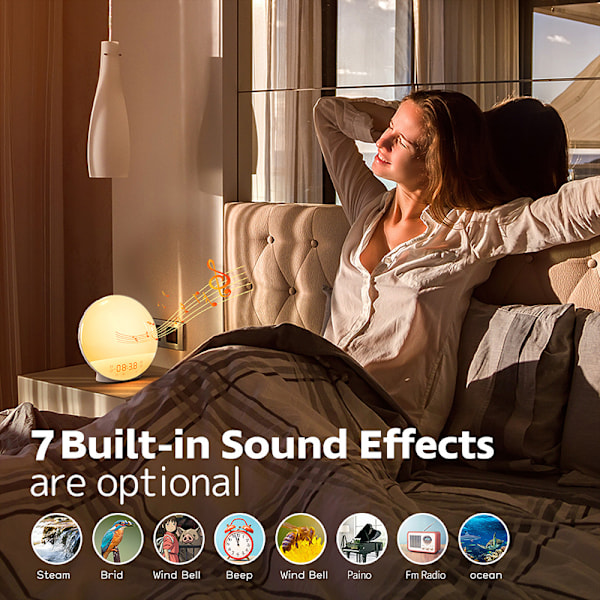 Sunrise Väckarklockor Wake-Up Light Dimbar Färgglada Lampor Radio För Barn Sovrum Kontor White  EU Plug