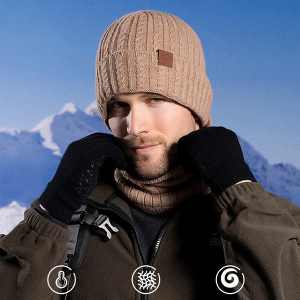 Stickad mössa för herr Halsdukshandskar Tredelat set Comfy Keep Warm Kalltät mössa för dagligt vinterbruk Dark Grey Three piece Set