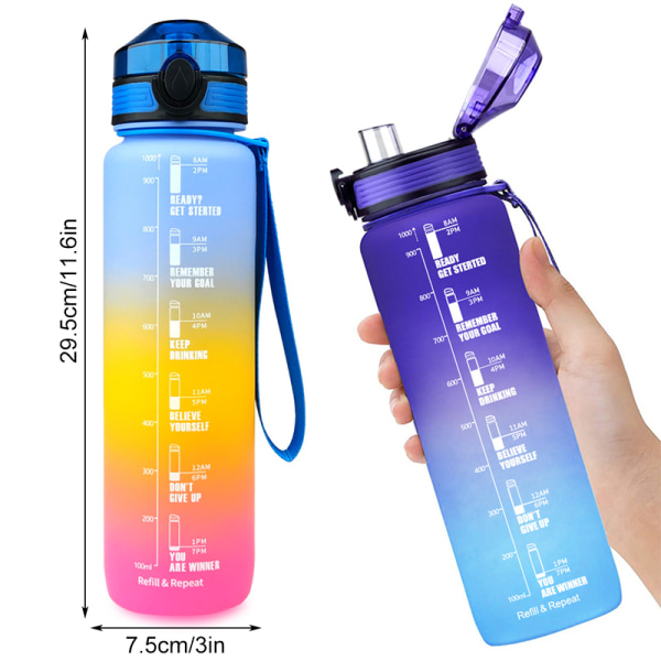 1 liter Stor Vattenflaska med Tidsmarkör Vatten Flaska Flip Lock Sportflaska Purple-Blue