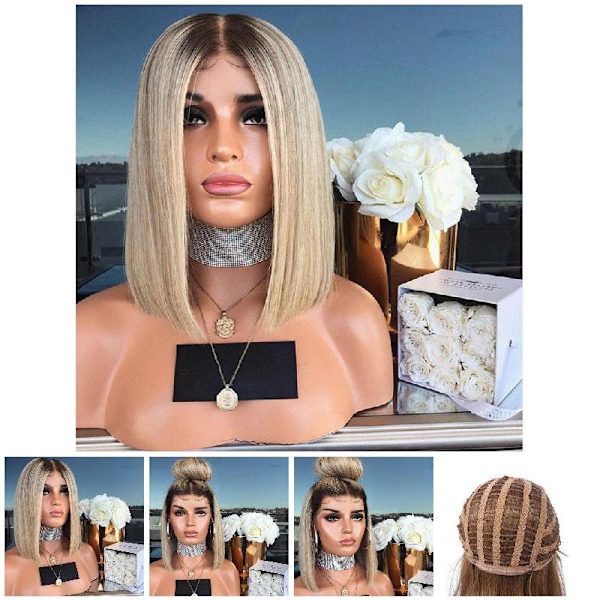 Kvinnor Bob Style rakt hår peruk Syntetisk gradient blont hår Värmebeständig kort peruk Black