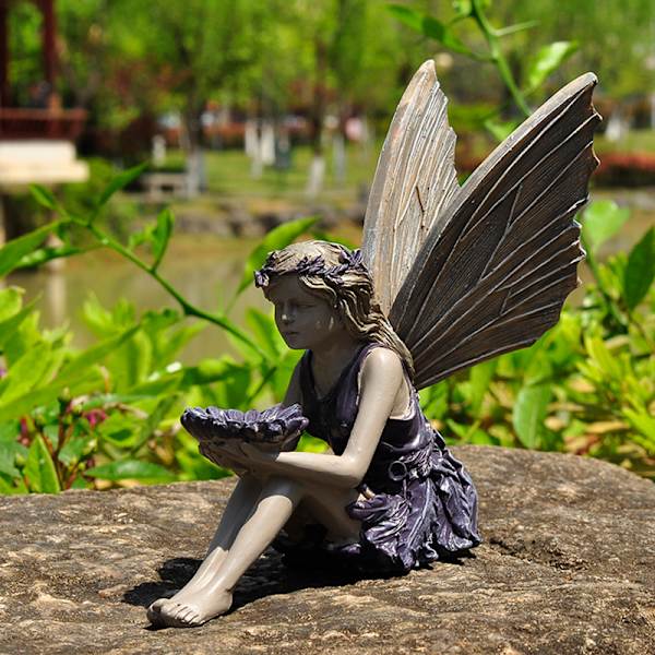 Solros Fairy Staty Trädgård prydnad fågelmatare Tvåfärgad sten utomhusdekoration
