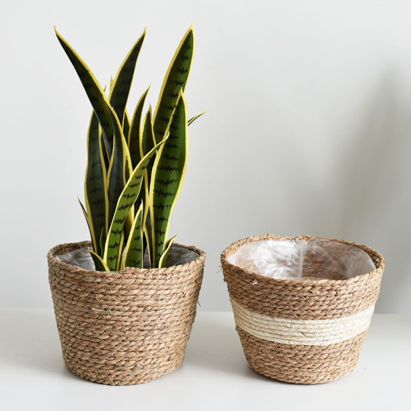 Gräs planteringskorg inomhus utomhus blomkrukor cover växtbehållare för hemmet Beige M