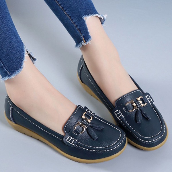 Kvinnors äkta läder Mjukt Bekväma Flat Loafers Handgjorda Casual Shoes Dark Blue 36