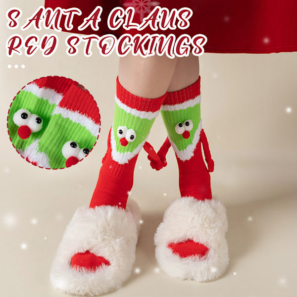Jultomte håller handen Strumpor För Kvinnor Hög Elastisk Mjuk Andas Strumpa Födelsedag Julpresent Red