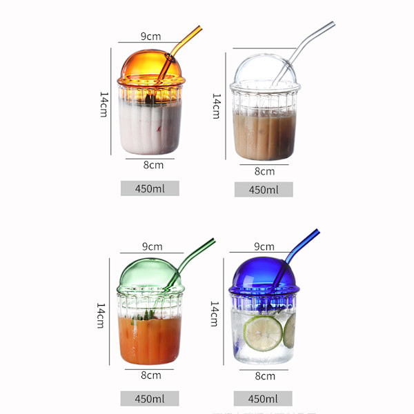 Kopp med lock i svampform, glas, med sugrör, bred öppning, för milkshakes, hem/kontor/bar Deep Amber