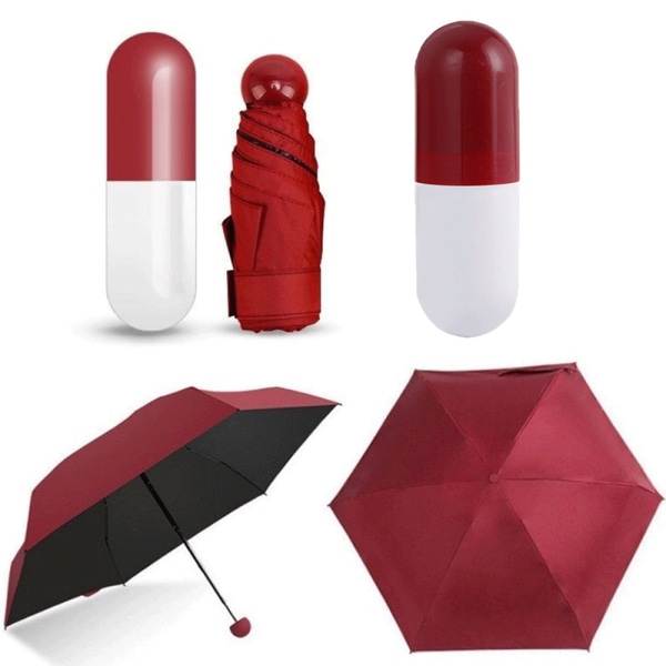 5-vikt mini-kapselparaply med liten ficka. Vikbart kompakt fickparaply med söt case Burgundy