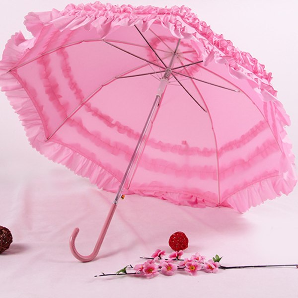 Söt Princess Spets Paraply Med Långt Handtag Semi-Automatisk Sunny Rain Bröllop Paraply Beige