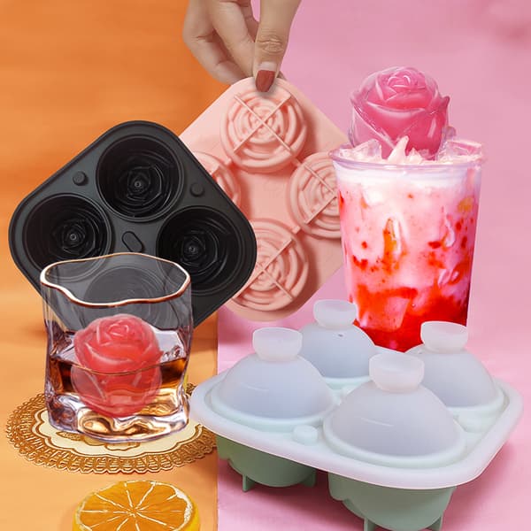 Silikoniskuber Brickschabloner 4 hålrum Lättsläppande isschabloner Ice Rose Shape Maker för drycker Black