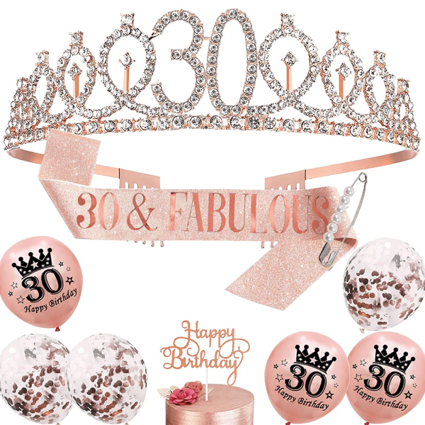 Födelsedagsballonger Set gnistrande strass tiara och skärp med tårta för kvinnor Rose Gold 30 Years Suits