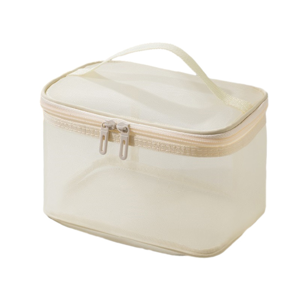 Bärbar Mesh Rese Kosmetisk Förvaringsväska Stor Kapacitet Lätt Toalettväska För Hem Hotell Makeup Beige Single Layer