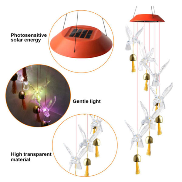 Solar Wind Chime Färgskiftande Wind Chimes Vattentät hängande dekoration för Hem Graden Office C