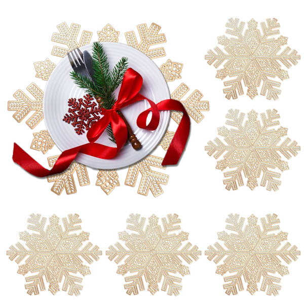 Snöflinga Bordstabletter Tvättbar PVC Underlägg för Matbord guld 6pcs