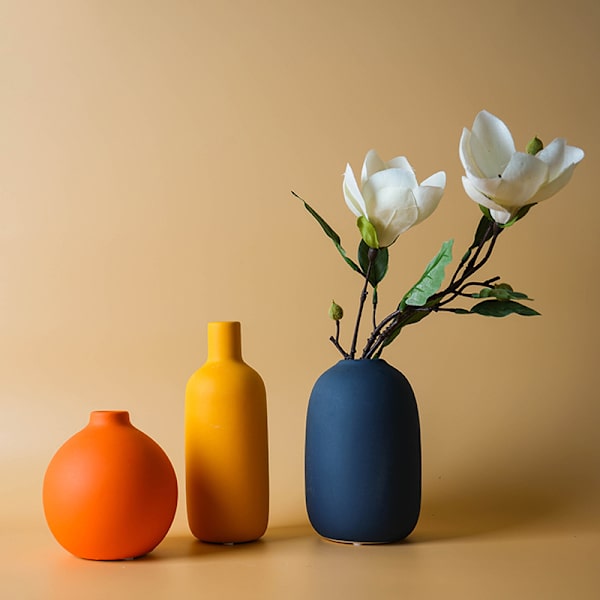 Nordisk keramikvas Morandi Färg Enkel konst Blomkruka dekoration med liten flaskhals för hemmatorkade växter Yellow S
