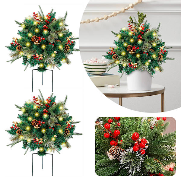 Ljusbelyst Konstgjord Julurna Fyllning, Förbelyst Tall med Kottar & Röda, Gyllene Bär med LED-Ljus, Tripod-Stake för Utomhus Julplanterare Single 46cm