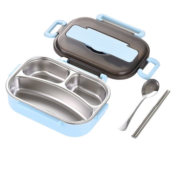 Bento lådor för studenter rostfritt stål liner dubbellager lunchlåda med lucka lunchbehållare för barn vuxen Small 3 Grid Blue