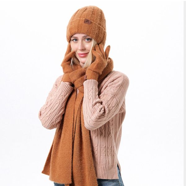 Vintermössa Halsduk Handskar Set Unisex Slouchy Halsduk Varm Stickad Mössa För Utomhus Brown