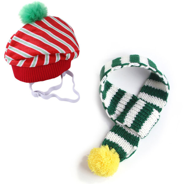 Jul Hund Katt Mössa Scarf Set Festival Pet Plysch Bär Dekorativ Xmas Outfit Husdjurstillbehör Tillbehör för alla raser Red Green L