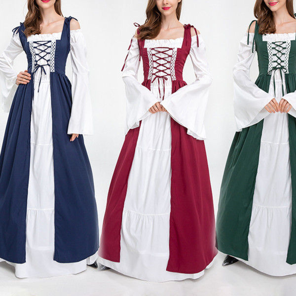 Kvinnors medeltida golvlång klänning kostymer långärmad prinsessa cosplay klänning för temafest Dark Blue L