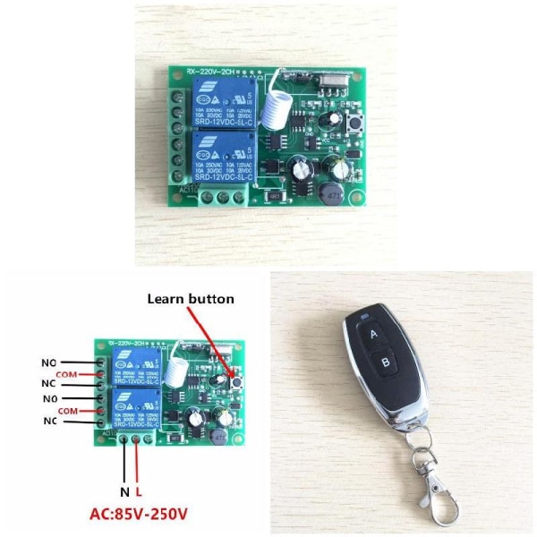 Universal 433 Mhz trådlös fjärrkontrollswitch Relä 220V 2CH Mottagarmodul +RF 433Mhz Fjärrkontroller Module