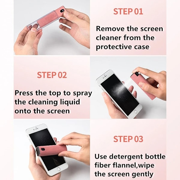 3 i 1 fingeravtryckssäker Skärmrengöring Enkel att använda Återanvändbar Tar bort fläckar Skärmrengöring för mobiltelefon Pink 15ml