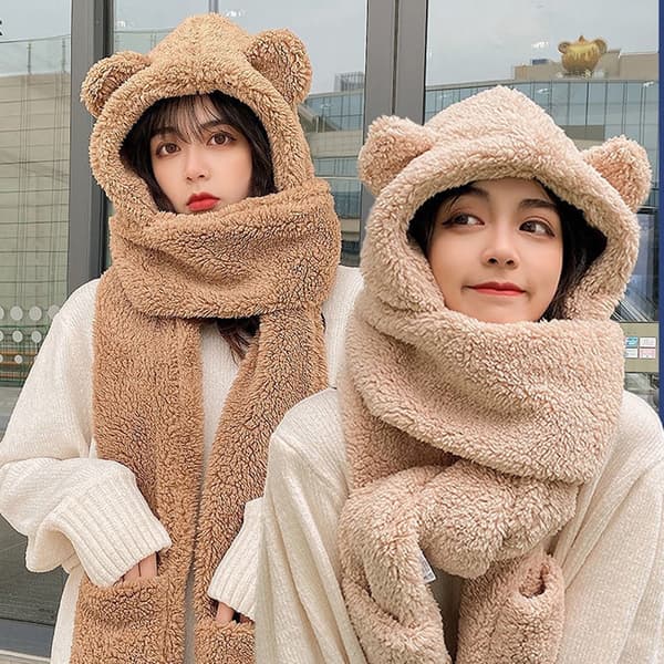 Bear-Ears Scarf Hat Set Förtjusande vindtät pendlingsmössa för utomhusbruk Grey