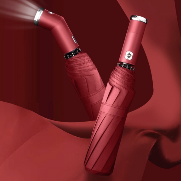 Vindtätt LED sol- och regnparaply Helautomatiska paraplyer med 10 revben och 3-faldiga unisex Pink