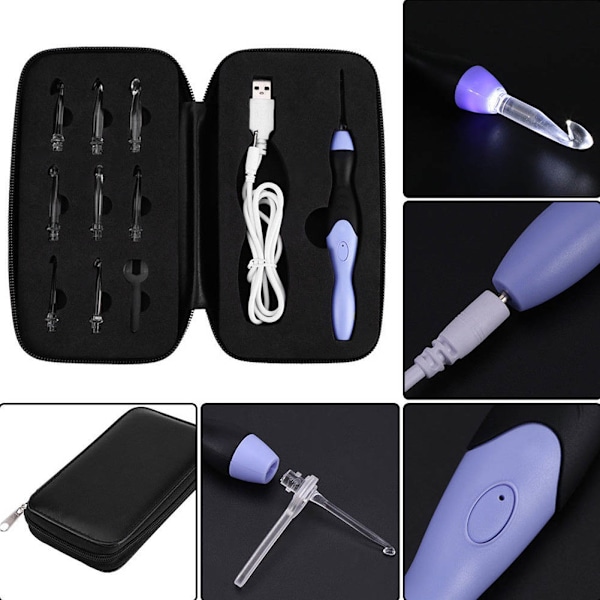 9-i-1 USB LED Light Up Lila Virknålar Stickor Set Vävverktygssats Black