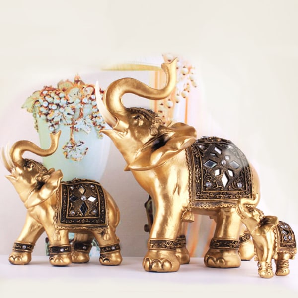 Golden Elephant Resin Staty Elegant Facing Uppåt Figurine Lucky Wealth Heminredning M