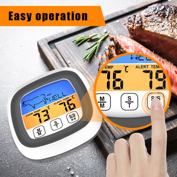 LCD Digital Matlagning Mat Kött Ugn Kök BBQ Grill Termometer Klocka Timer Med Vattentät Sond Pekskärm Kök White With Gray Waterproof Probe
