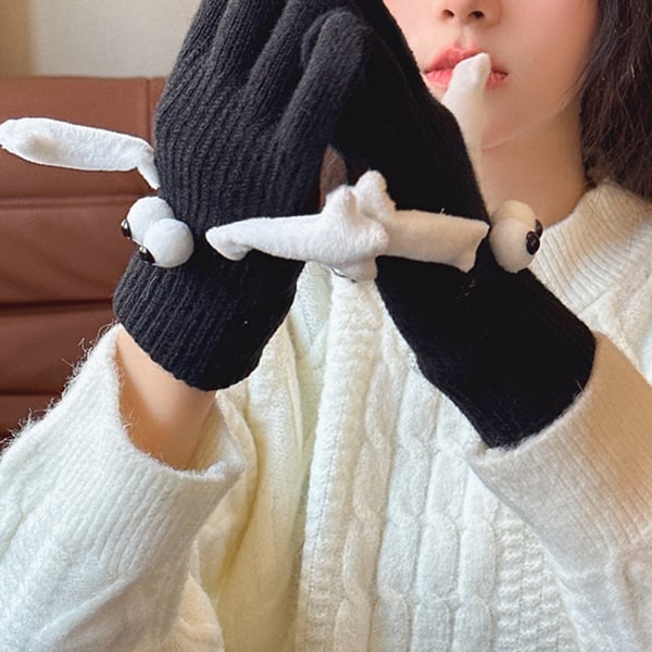 Tecknad hand-i-hand varma stickade handskar Bekväma andningshandskar för kvinnor män barn Black Adults