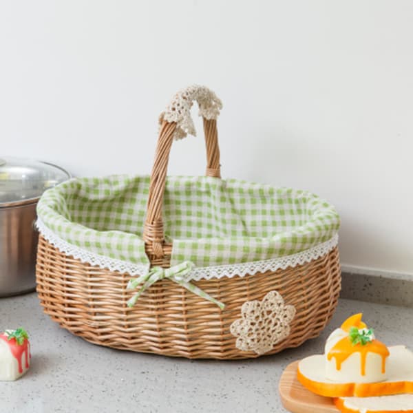 Förvaringskorg Matkorg Rottingflätad Äggkorg Bärbar present Picknick Frukt Liten vävd bambu följekorg Medium Red Plaid