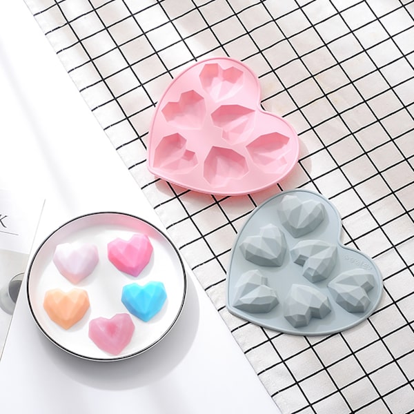 Silikon Kärlek Tårtformar 6 Kavitet Diamant Kärlek Hjärta Fondant Dekorationsverktyg 3D DIY Choklad Bakverk Molds Bakning Tillbehör Pink