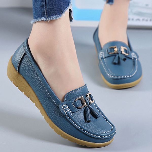 Kvinnors äkta läder Mjukt Bekväma Flat Loafers Handgjorda Casual Shoes Black 38