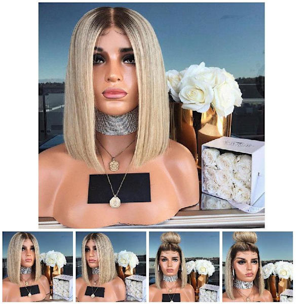 Kvinnor Bob Style rakt hår peruk Syntetisk gradient blont hår Värmebeständig kort peruk Black
