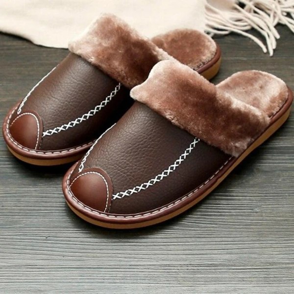 Alpha tofflor plysch foder PU läder övre unisex män kvinnor varma tofflor Rose Red 40-41