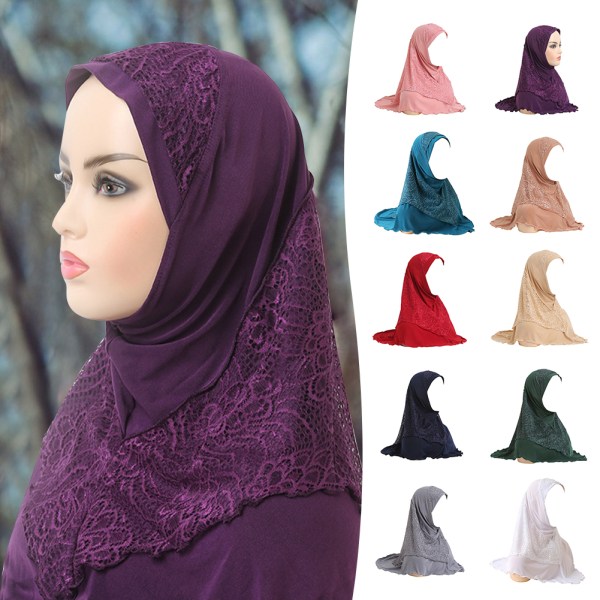 Enkel Muslims Hijab Cap med Spets Lätt Scarf Sjal För Kvinnor Flickor Dark green