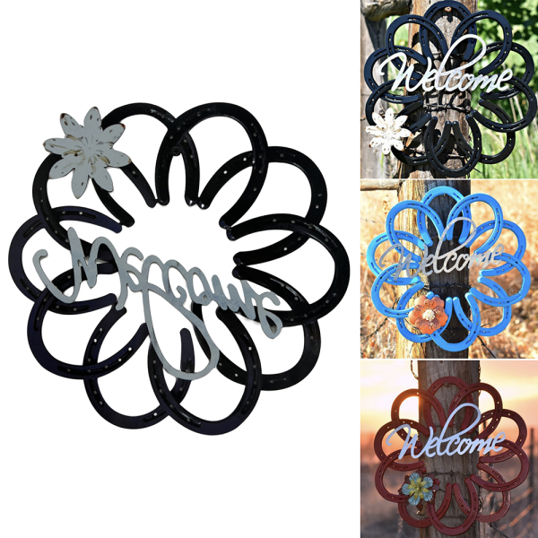 Välkomstskylt Blomformad hästsko metallprydnad för utomhusbruk inomhus Black 30cm