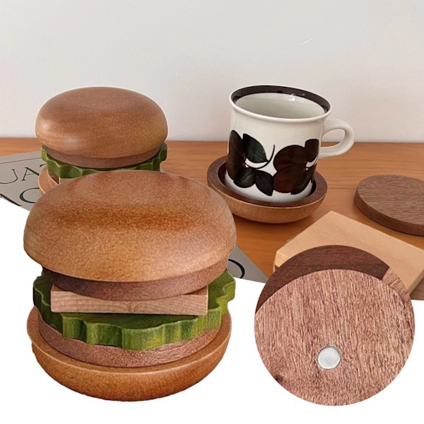 Hamburgerformad träunderläggsset Anti-skållning halkfri värmebeständig dekorativa placemats för kök One Set