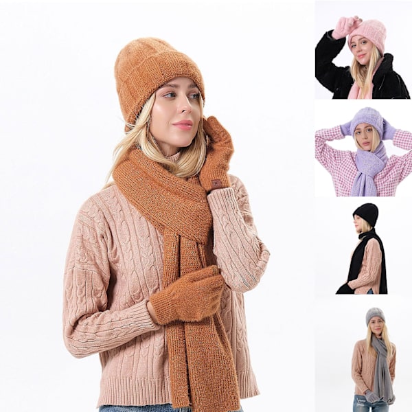 Vintermössa Halsduk Handskar Set Unisex Slouchy Halsduk Varm Stickad Mössa För Utomhus Brown