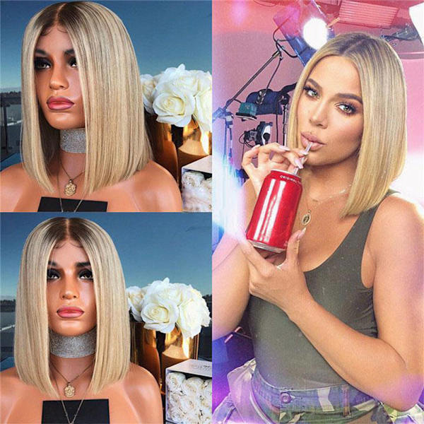 Kvinnor Bob Style rakt hår peruk Syntetisk gradient blont hår Värmebeständig kort peruk Black