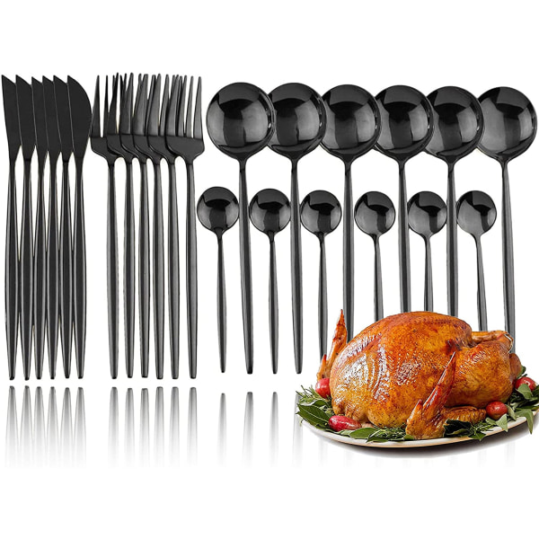 24st rostfritt stål set Elegant spegelpolerad servis för bröllop Thanksgiving jul Black Gold