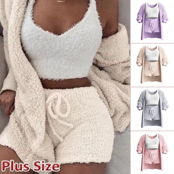 Mysig plyschpyjamas för kvinnor 3-delad set Snygga mjuka lösa sovkläder för sovrum inomhus Purple L