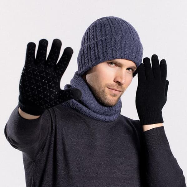 Stickad mössa för herr Halsdukshandskar Tredelat set Comfy Keep Warm Kalltät mössa för dagligt vinterbruk Dark Grey Three piece Set