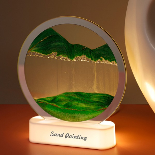 Moving Sand Art Decoration 3D Timglas Bordslampa, Dynamic Sandscape Night Light, Presenter för vuxna barn grön
