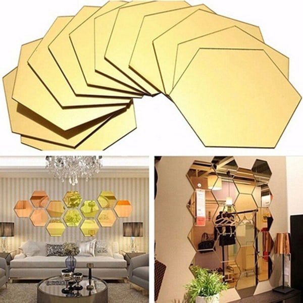 12 st Topfjäder Hexagoner Mirror Kakel Väggdekal 3D Akryl Spegel Väggdekor Dekor Stick På Modern Dekal För Hem Gold 2XL