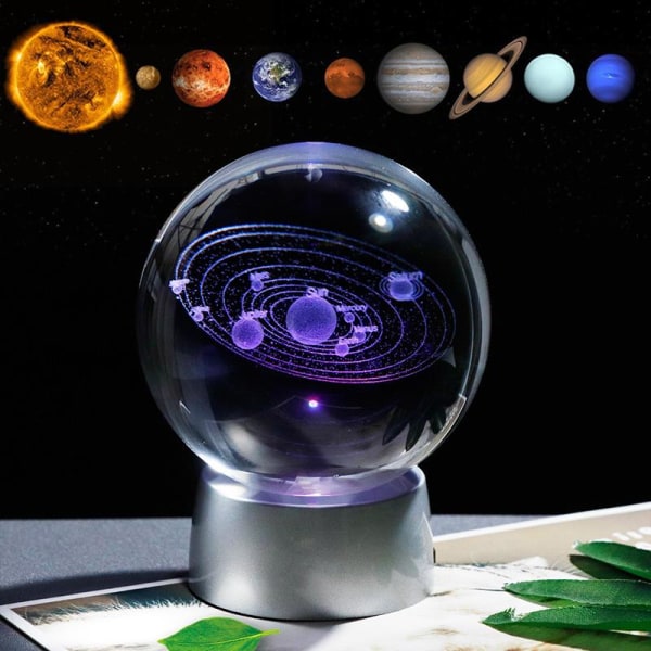 Kristallsolsystem presentboll med laddningsbar färgglad LED-bas i glas Planeter Ball Party favors Present present för astrofil