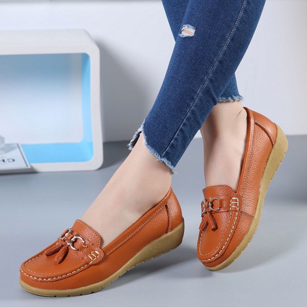 Kvinnors äkta läder Mjukt Bekväma Flat Loafers Handgjorda Casual Shoes Orange 42